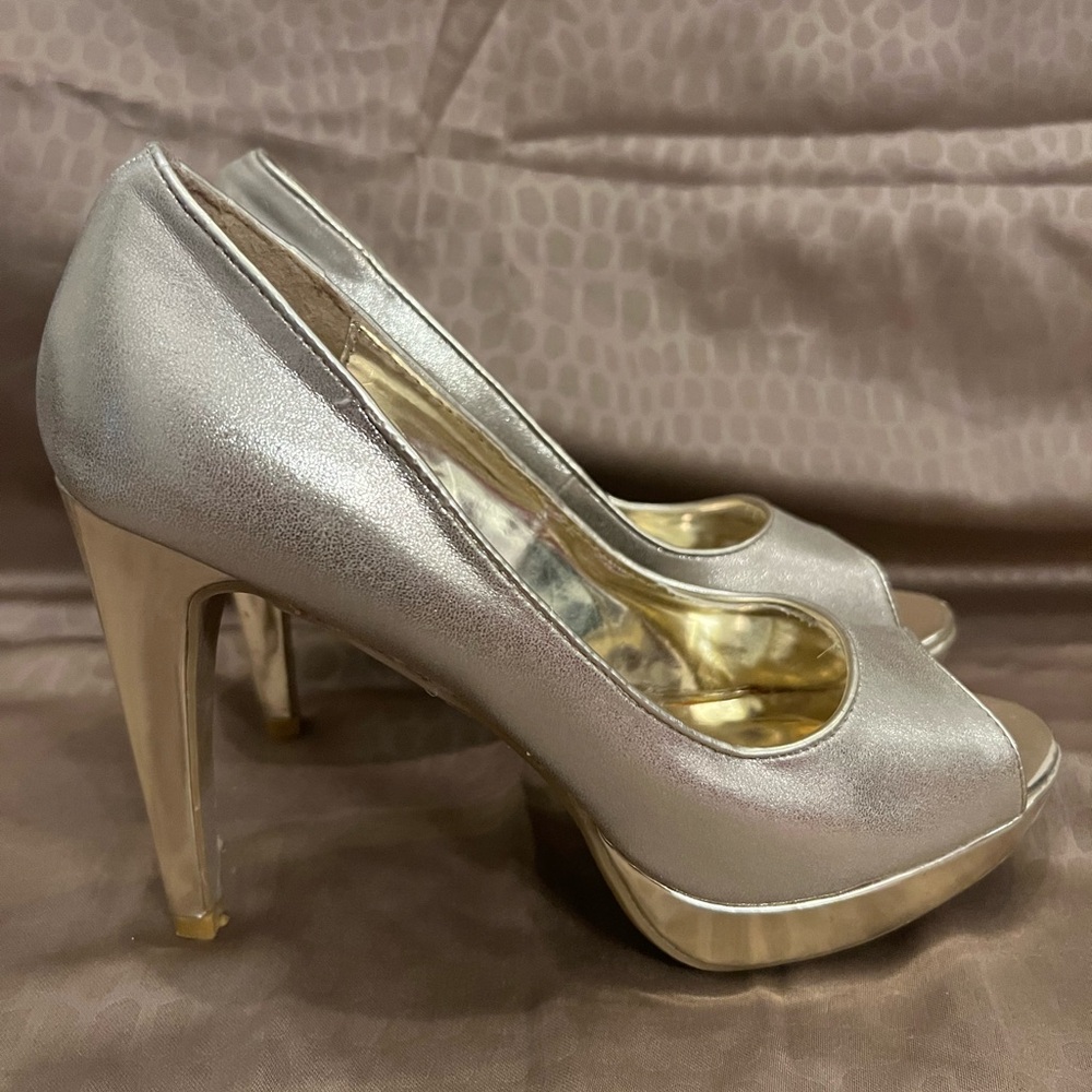 Open toe, silver, high heels, shoes